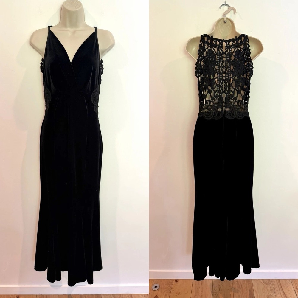Cache 90s Black Velvet Gown Lace Button Up Back Maxi Dress Sz 8 USA Made Vintage